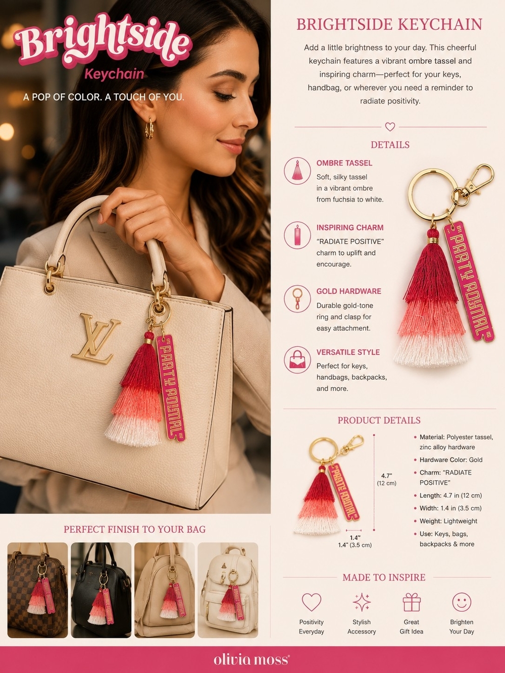 Brightside Ombre Tassel Keychain - Pink/White